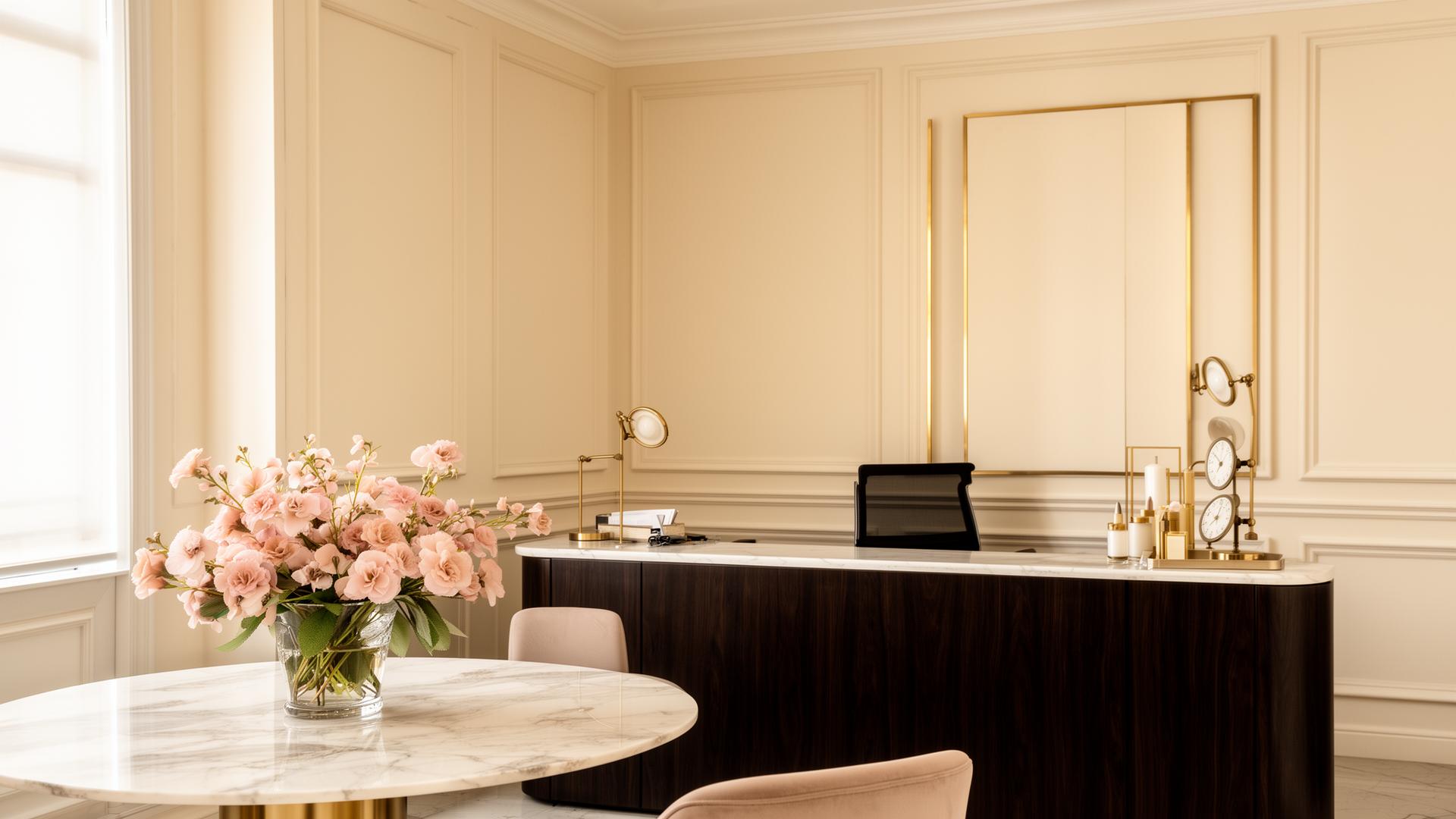 Luxury modern dental consulting office with marble, blush florals, and champagne gold accents